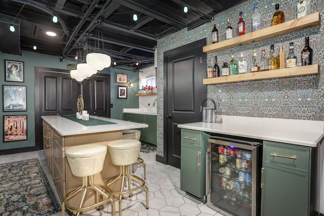 bar featuring beverage cooler, tasteful backsplash, and indoor wet bar