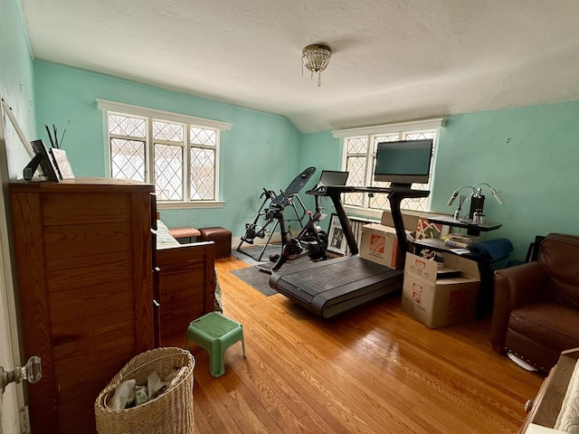 exercise area featuring vaulted ceiling, a textured ceiling, and light wood-type flooring