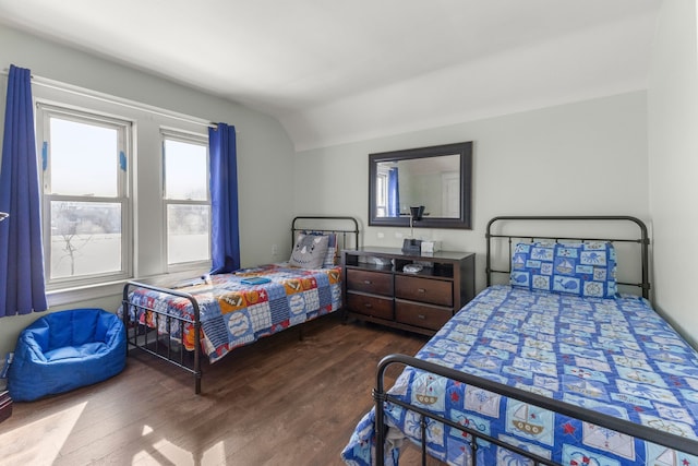 bedroom with lofted ceiling and wood finished floors