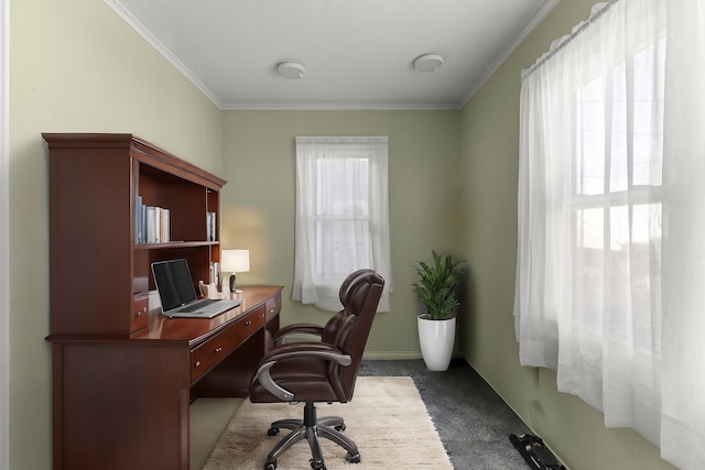 office with ornamental molding and dark carpet