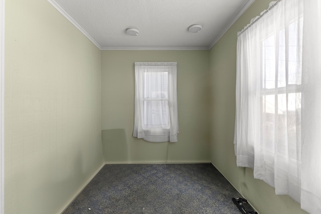 empty room with carpet, crown molding, a textured ceiling, and baseboards