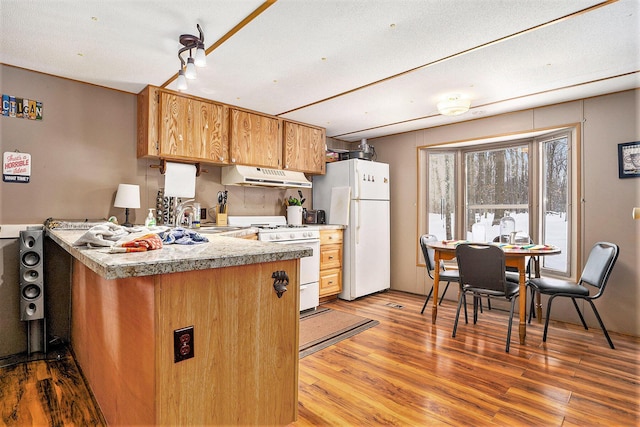 kitchen with light countertops, a sink, wood finished floors, white appliances, and under cabinet range hood