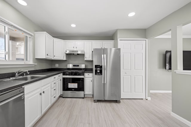 kitchen with under cabinet range hood, a sink, white cabinets, appliances with stainless steel finishes, and dark countertops