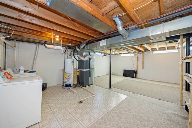 unfinished basement with heating unit, washing machine and dryer, and water heater