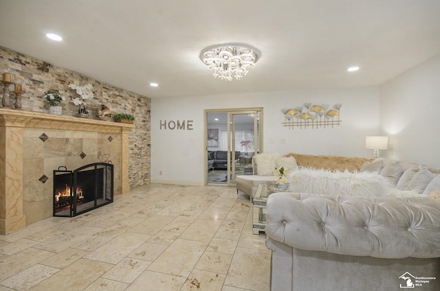 7740 Ternes St, Dearborn, MI 48126 - living area with recessed lighting, baseboards, and a tiled fireplace