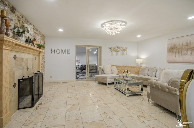 7740 Ternes St, Dearborn, MI 48126 - living room with recessed lighting, a large fireplace, and an inviting chandelier