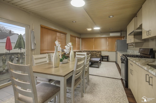 7740 Ternes St, Dearborn, MI 48126 - dining space featuring wooden ceiling and a wall mounted air conditioner