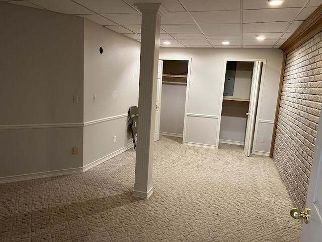 basement featuring recessed lighting, carpet flooring, a paneled ceiling, and baseboards