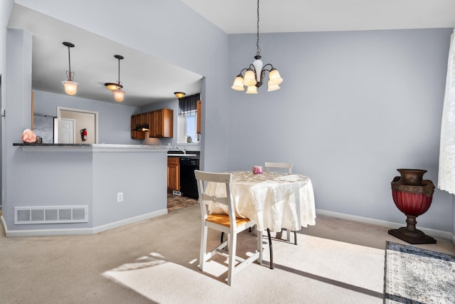 dining room with light carpet, baseboards, visible vents, and an inviting chandelier