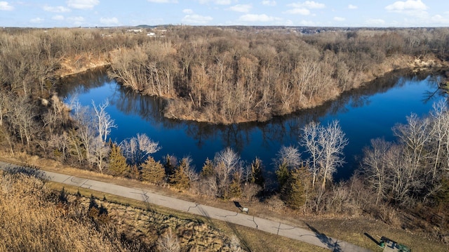 aerial view with a water view and a wooded view