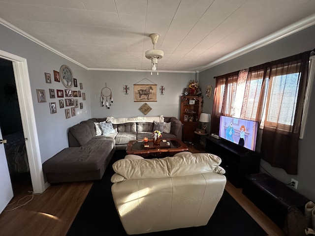 living room with dark wood-style floors and crown molding