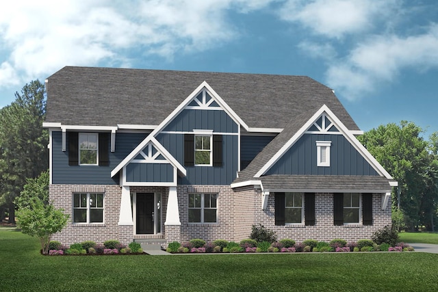 craftsman inspired home featuring brick siding, a front lawn, a shingled roof, and board and batten siding