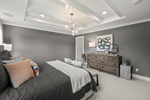 bedroom featuring baseboards, a raised ceiling, light colored carpet, an inviting chandelier, and beam ceiling