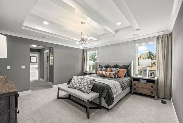bedroom with recessed lighting, light carpet, a notable chandelier, baseboards, and beamed ceiling