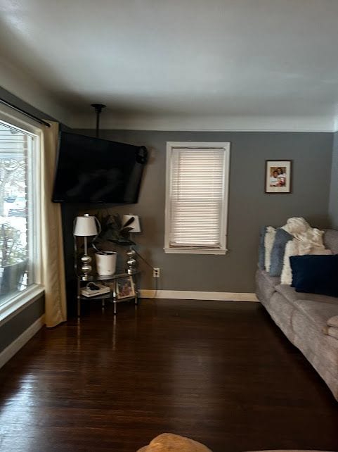 living area featuring dark wood-style flooring and baseboards