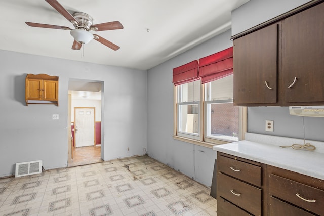 kitchen featuring light floors, ceiling fan, visible vents, and light countertops