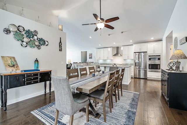 dining room featuring recessed lighting, ceiling fan, and dark wood-style flooring