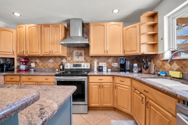 kitchen featuring electric stove, wall chimney exhaust hood, open shelves, a sink, and light tile patterned flooring