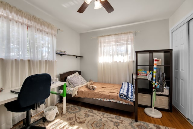 bedroom featuring a closet, multiple windows, ceiling fan, and wood finished floors