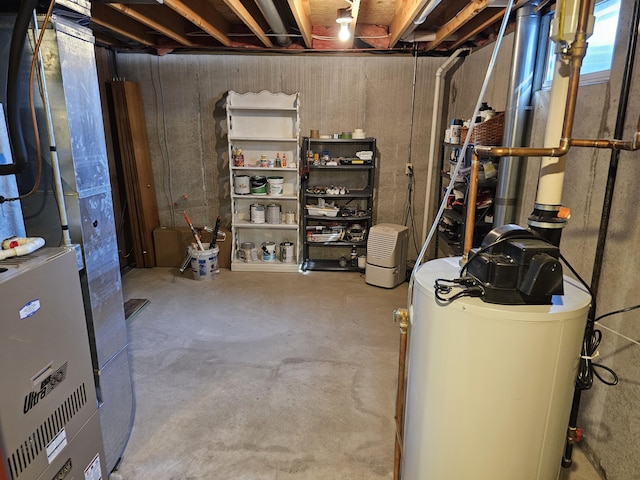 unfinished basement featuring heating unit