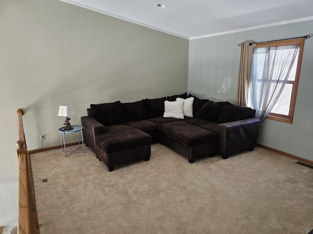 living area featuring light carpet, ornamental molding, visible vents, and baseboards