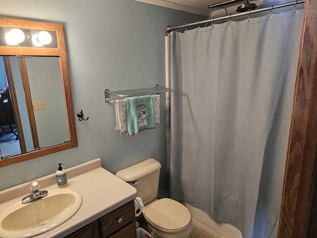 bathroom featuring toilet, a shower with curtain, and vanity