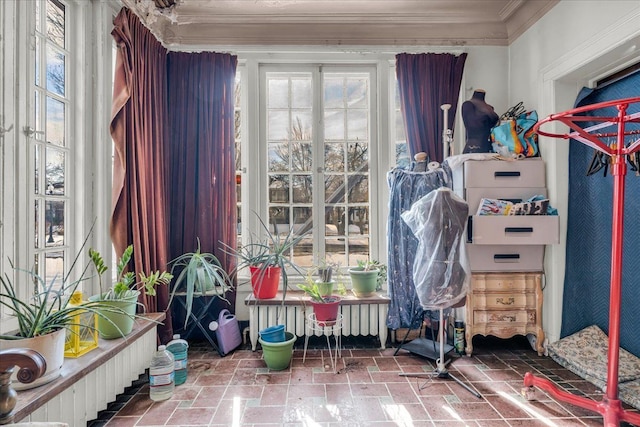 interior space featuring ornamental molding, stone finish flooring, and radiator heating unit