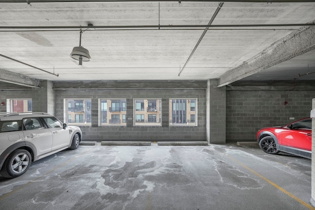 parking garage with concrete block wall