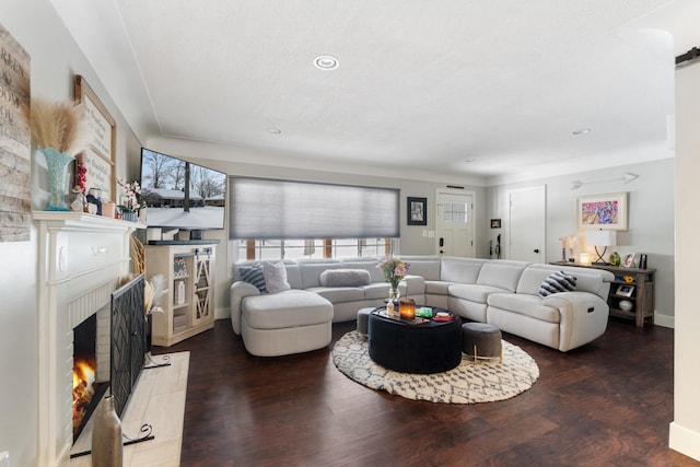 living room with a warm lit fireplace, baseboards, and dark wood-type flooring