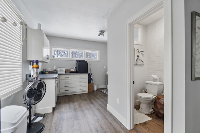 interior space with toilet, baseboards, and wood finished floors