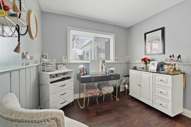 office with dark wood-style flooring and wainscoting