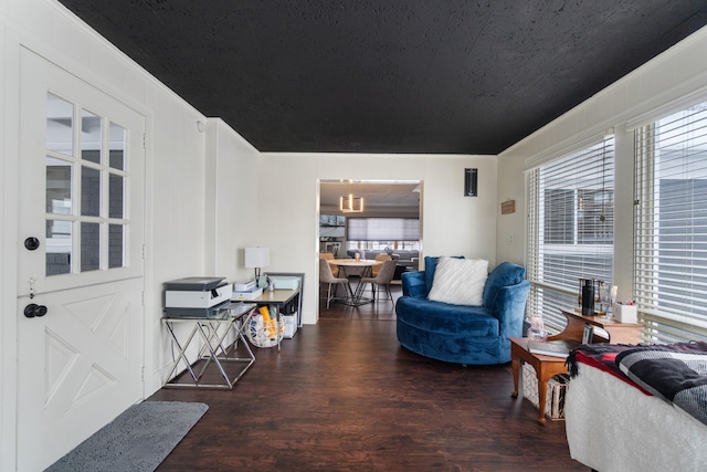 interior space with ornamental molding, dark wood finished floors, and a textured ceiling