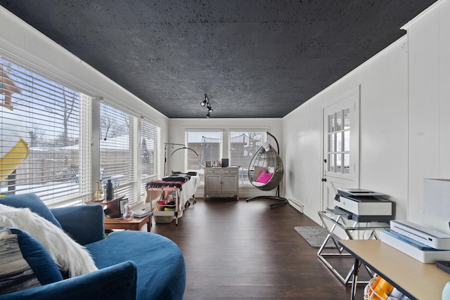 interior space with a baseboard heating unit, ornamental molding, and dark wood-type flooring