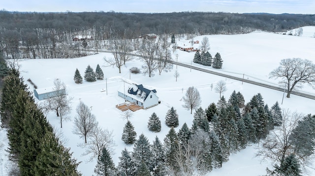 snowy aerial view featuring a view of trees