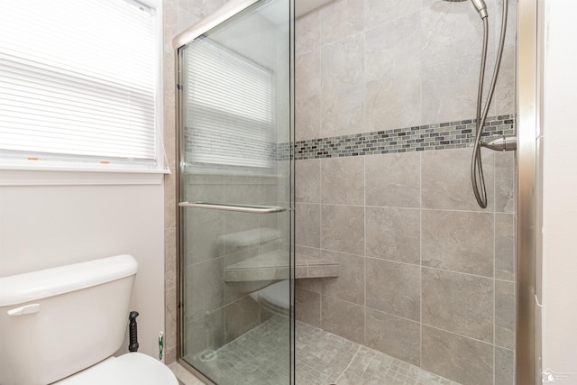 bathroom with toilet and a shower stall