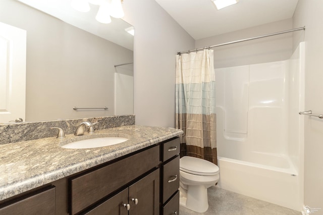 full bath with shower / bath combination with curtain, vanity, toilet, and tile patterned floors