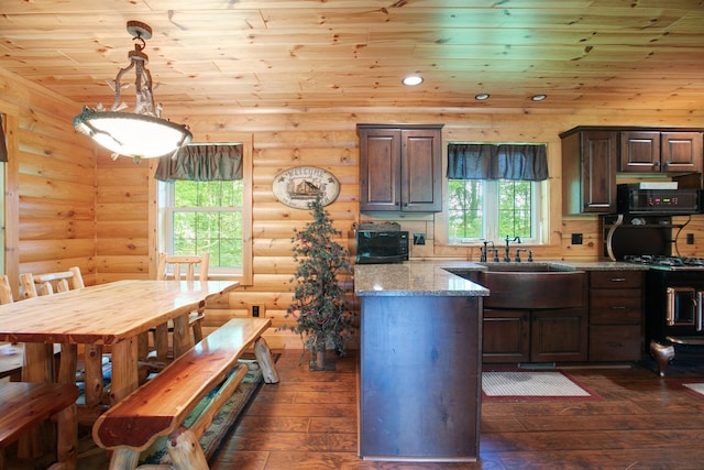 kitchen featuring light stone counters, dark wood finished floors, gas stove, dark brown cabinetry, and wooden ceiling