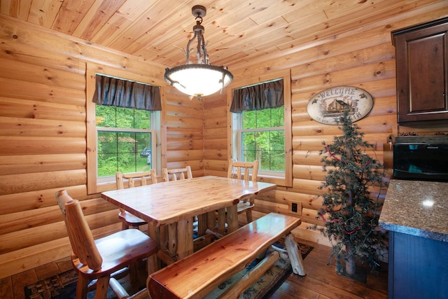 dining space with wooden ceiling, log walls, and wood finished floors