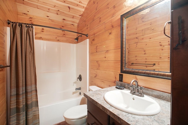 full bath featuring wood walls, vanity, toilet, and shower / bath combo with shower curtain