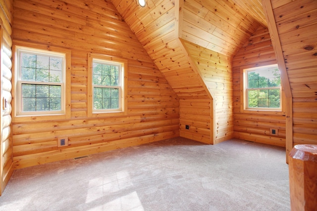 bonus room featuring wooden ceiling, carpet flooring, vaulted ceiling, and visible vents