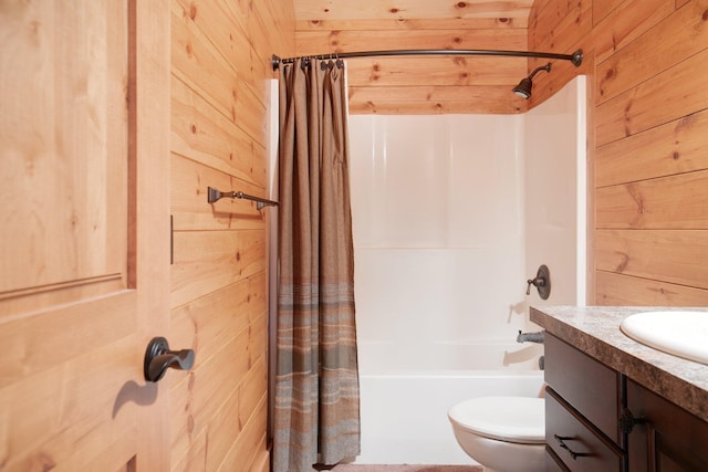 full bath featuring shower / bath combination with curtain, toilet, wooden walls, and vanity