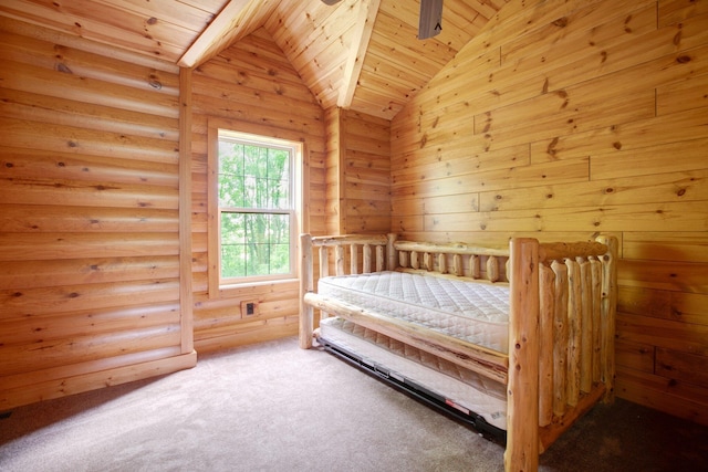 carpeted bedroom with lofted ceiling and wooden ceiling