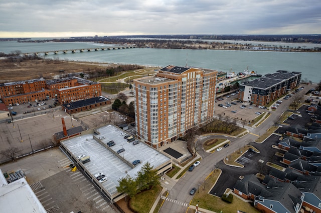 drone / aerial view with a water view and a view of city