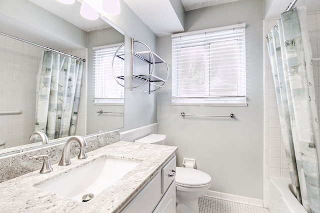 full bath with toilet, vanity, baseboards, tile patterned floors, and shower / bath combination with curtain