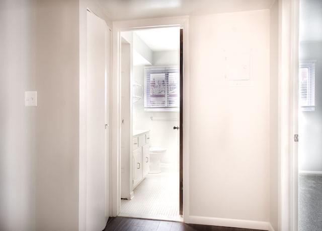 hallway with a healthy amount of sunlight, baseboards, and wood finished floors