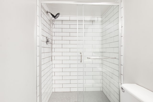 full bathroom featuring a shower stall and toilet