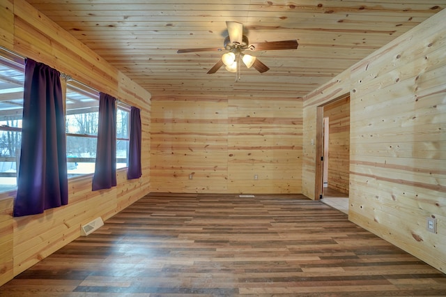 empty room with wood ceiling, wooden walls, and dark wood-style flooring