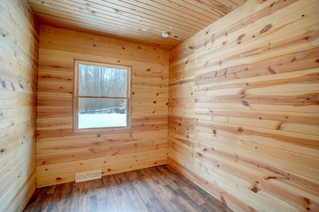 6619 M 18, Coleman, MI 48618 - unfurnished room featuring wood walls, wooden ceiling, and dark wood-style flooring