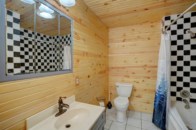 bathroom with toilet, shower / tub combo, wood ceiling, vanity, and tile patterned floors