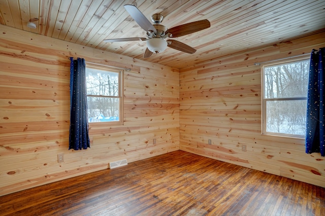 empty room with wood ceiling, plenty of natural light, visible vents, and wood finished floors